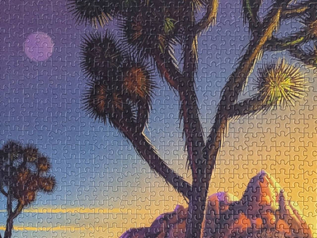 photo of a completed puzzle of a painting of joshua tree national park