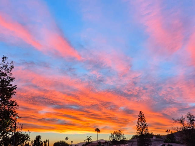 orange and pink clouds racing across the sky at sunset