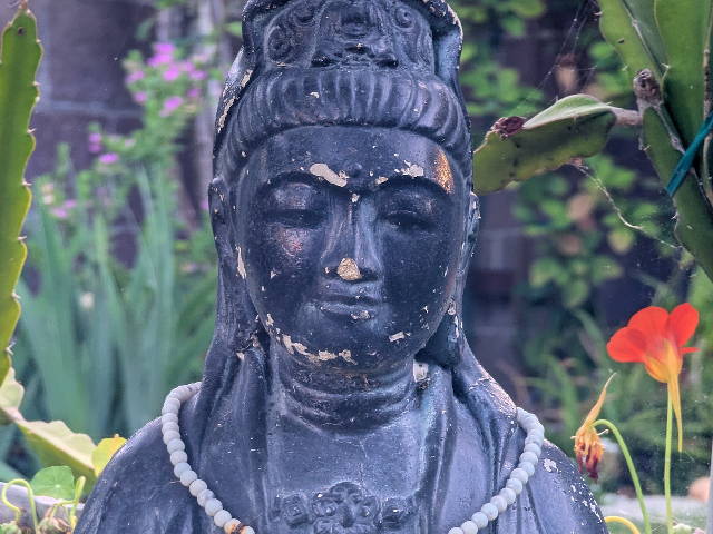 an old buddha statue in the garden